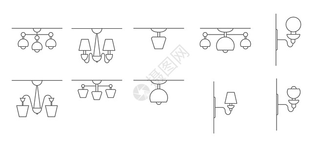 用于壁孔 墙和天花板灯的矢量图标集 插图 以白色背景隔离 简单线性设计 平面设计图片