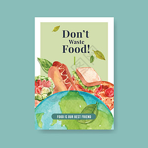 海报与世界粮食日概念设计广告和传单水彩 vecto国际营养小册子店铺美食水果绿色蔬菜饮食食物图片