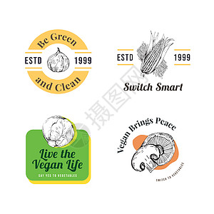 带有素食食品概念设计的标志 用于品牌和营销水彩矢量图产品饮食店铺手绘植物草图绘画广告插图草本植物图片