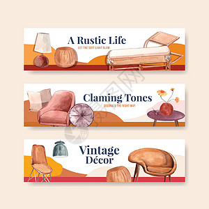 用于广告和营销水彩矢量图案设计的带有赤土陶器装饰概念设计的横幅模板绘画桌子棕色房子家具椅子办公室房间奢华风格图片