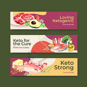 用于广告和营销水彩矢量插图的带有生酮饮食概念的横幅模板种子营养酮症牛肉绿色食物蔬菜酮类重量图片