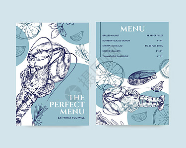具有海鲜概念设计的大菜单模板 适用于餐厅和食品店矢量它制作图案营销广告草图烹饪海洋生活绘画艺术动物小册子图片