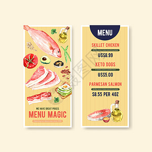 具有生酮饮食概念的菜单模板 适用于餐厅和食品店水彩矢量图绿色营养插图牛肉酮症种子食堂食物蔬菜重量图片
