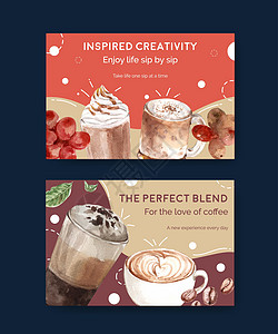 具有韩国咖啡风格概念的 Facebook 模板 适用于社交媒体和在线营销水彩矢量插画社区广告拿铁小酒馆鞭打玻璃餐厅泡沫配料饮料图片