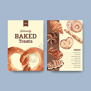 餐厅和食品店水彩画图案面包店模板设计菜单插图营销产品传单咖啡店小麦蛋糕广告羊角早餐图片