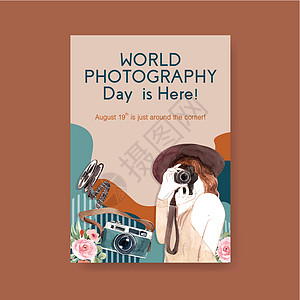 海报模板设计与世界摄影日小册子和传单水彩它制作图案摄影师全球营销艺术相机卡片广告镜片爱好照片图片