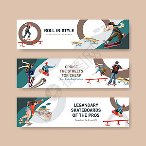 带有滑板设计概念的横幅模板 用于广告和小册子水彩矢量插图活动闲暇街道滑冰娱乐乐趣溜冰者跳跃城市行动图片