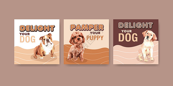 广告模板与狗和食品设计小册子和营销水彩它制作图案手绘海报传单小狗猎犬插图绘画食物宠物犬类图片