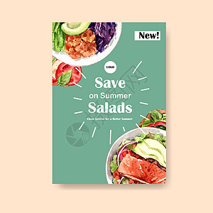 带有健康有机食品设计的海报模板 用于横幅 小册子 传单和广告水彩矢量插画生态饮食水果插图手绘沙拉蔬菜食物营养图片