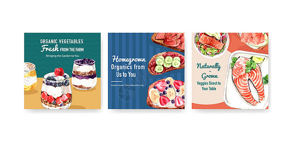 具有健康有机食品设计的广告模板 用于小册子 传单和促销水彩矢量插画食物生态营养蔬菜营销沙拉手绘水果饮食插图图片
