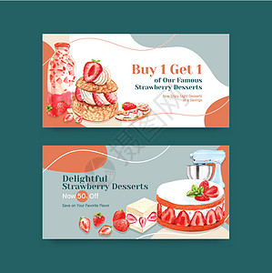 带有草莓烘焙设计社交媒体 在线社区和互联网水彩图案的 Twitter 模板红色蛋糕小吃甜蜜食物奶油浆果美食甜点面包图片
