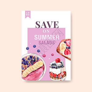 带有健康有机食品设计的海报模板 用于横幅 小册子 传单和广告水彩矢量插画沙拉生态蔬菜插图手绘营养饮食食物水果图片