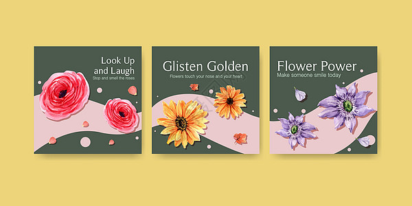 带有夏季花卉设计的广告模板 用于促销 小册子和传单水彩矢量图案叶子场地装饰新娘植物群花园绘画插图风格牡丹图片