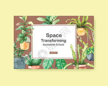 带有夏季植物设计的 Facebook 模板 用于社交媒体 互联网 网络 在线社区和广告水彩插画插图叶子花园手绘绘画面子书园艺花盆图片