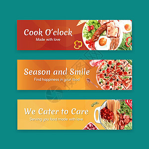 用于小册子 网页和传单水彩图案的烹饪横幅模板设计盘子美食午餐餐厅食物蔬菜背景图片