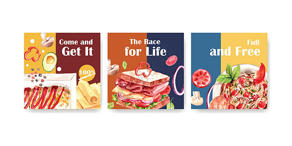 广告模板与烹饪设计小册子和传单水彩它制作图案美食熏肉午餐餐厅盘子食物蔬菜图片