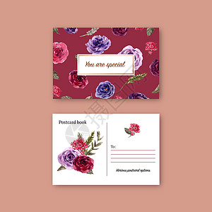 玫瑰花水彩插图花卉葡萄酒明信片设计打印玫瑰绘画染色植物桔梗手绘艺术树叶植物群图片