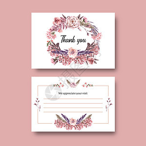 干花明信片设计与水彩插图花束花圈牡丹手绘玫瑰粉色绘画打印蕨叶艺术背景图片