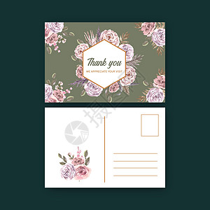 干花明信片设计与牡丹玫瑰叶水彩插图蕨叶玫瑰艺术绘画明信片卡片花蕾花束打印牡丹图片
