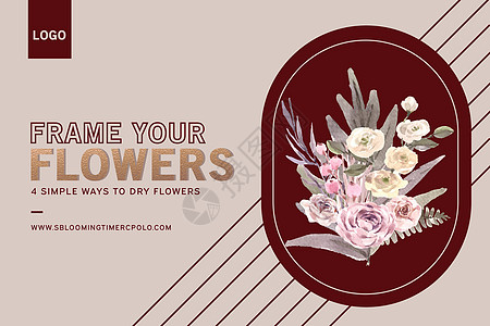 干花框设计与玫瑰叶水彩插图广告框架树叶花蕾手绘蕨叶花束桔梗植物群社交图片