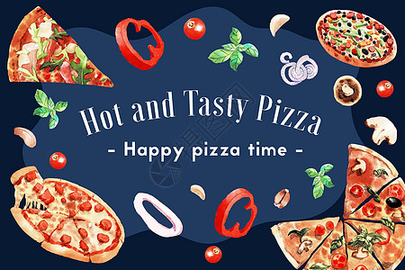 披萨框架设计与意大利辣香肠比萨洋葱蘑菇水彩插图图片