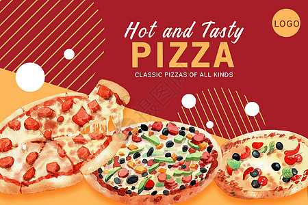 比萨框架设计与各种比萨水彩插图披萨草图香肠网站手绘绘画广告美食社交艺术背景图片