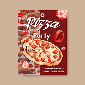 比萨海报设计与意大利辣香肠比萨水彩插图菜肴美食艺术海报绘画打印手绘披萨香肠食物背景图片