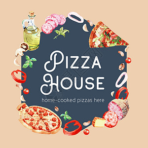 比萨花环设计与胡椒粉水彩它制作图案背景图片