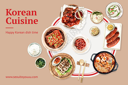 韩国食品框架设计与鸡水彩插图社会料理年糕草图绘画拉面手绘广告水彩海藻图片