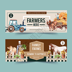 农民横幅设计与拖拉机马水彩插图图片