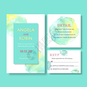 泼彩婚礼卡设计与绿黄色水彩插图背景图片