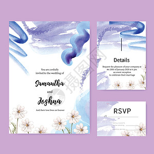 泼彩婚礼卡设计与花卉水彩插图背景图片