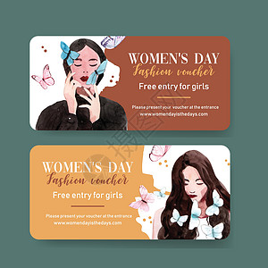 妇女日凭证设计与蝴蝶妇女水彩插图背景图片