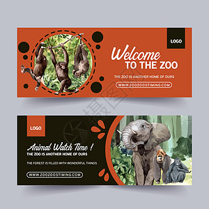 带有大象猴水彩插图的动物园横幅设计图片