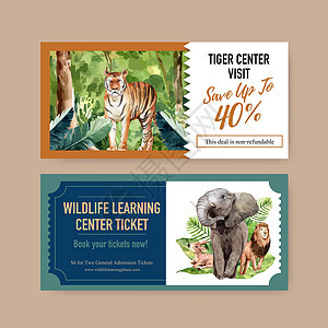 带有水彩插图的动物园门票设计老虎打印折扣染色森林动物绘画树叶创造力狮子背景图片