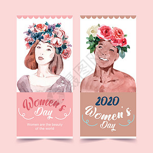 妇女日传单设计与水彩插图活力艺术国际树叶玫瑰小册子手绘劳动创造力背景图片