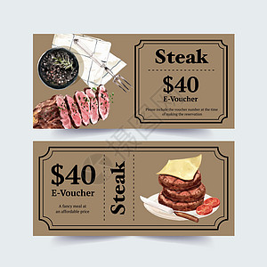 牛排券设计与奶酪牛排水彩插图图片