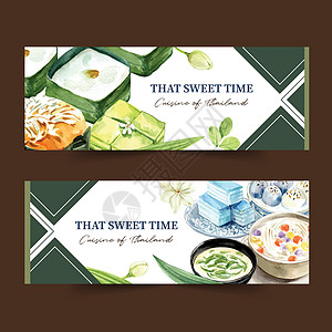泰国甜横幅设计与布丁层状果冻插图水彩图片