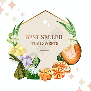 泰国甜花环设计与蒸插图水彩甜点绘画树叶茉莉花概念美食艺术手绘图片