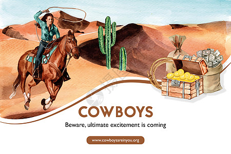 牛仔框架设计与水彩插图盒子手绘女性绳索表演沙漠胸部女士图片