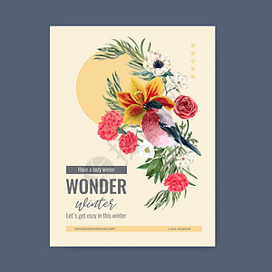冬季绽放海报设计与鸟花水彩插图树叶植物玫瑰花园松树艺术花朵牡丹传单概念背景图片