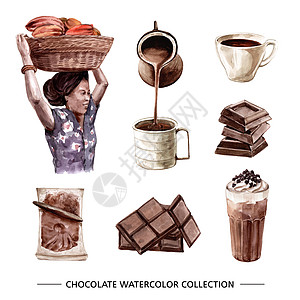 白色背景上的水彩巧克力插图集收藏手绘脆片可可绘画女士插图篮子图片