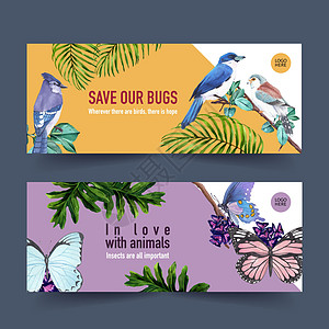 昆虫和鸟类横幅设计与蓝色松鸦叶蝴蝶水彩插图图片