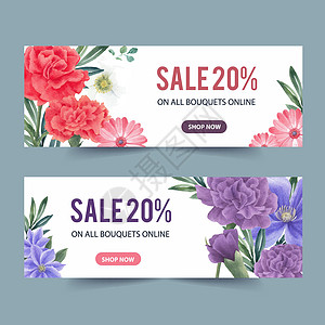 带牡丹花水彩画的冬花横幅设计紫花销售广告花朵插图牡丹花束网站活力绘画图片
