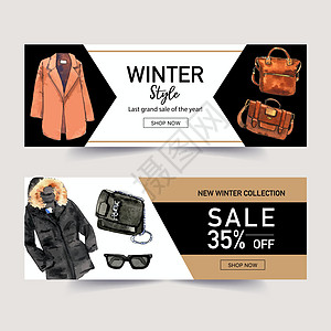 冬季风格的横幅设计与外套夹克眼镜水彩插图图片