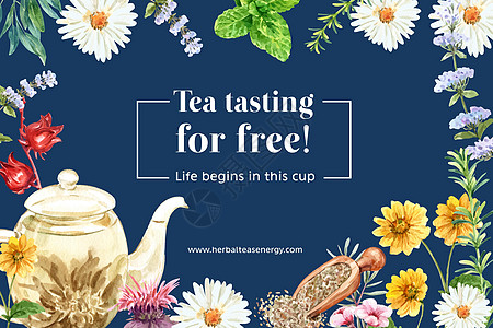 凉茶框架设计与水彩插图樱花菊花绿茶迷迭香艺术洋甘菊创造力薄荷茶壶手绘图片