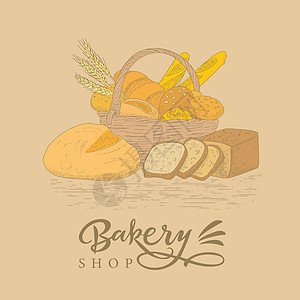 雕刻风格的面包店标志包装收藏包子复古羊角馅饼篮子广告菜单标识图片