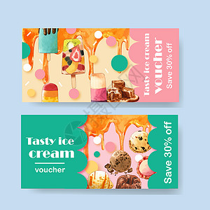 混合水果的冰淇淋券设计 巧克力水彩色插图图片