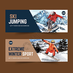 冬季运动标语设计有跳跃 滑冰 山水彩画图片