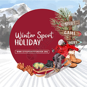 冬季运动社交媒体设计配有手套 靴子水彩色插图图片